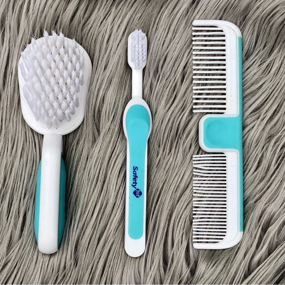 Safety 1st Soft Grip Brush, Comb, and Toothbrush Set for Baby in Turquoise Blue